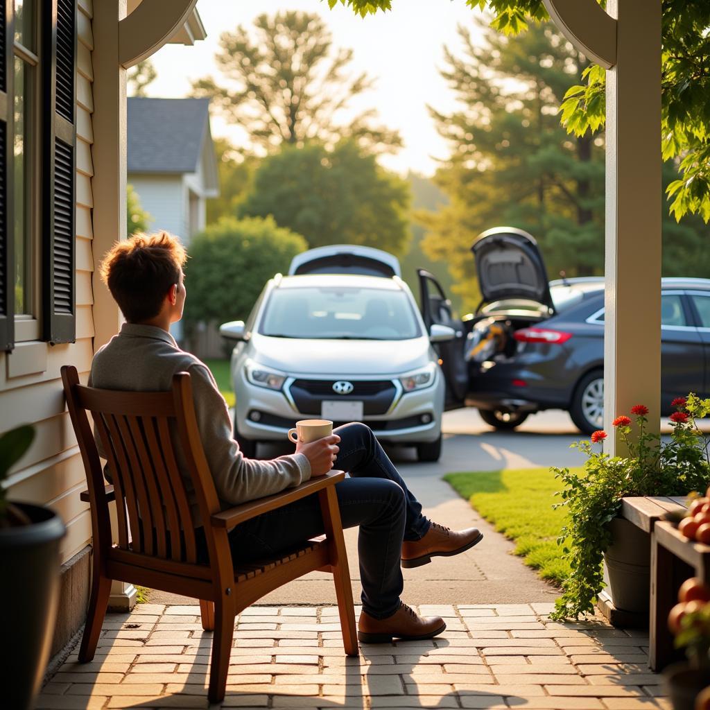 A person relaxing at home while their car is being serviced on a Sunday