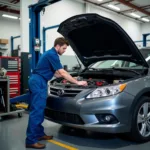 Mechanic working on a car at a sunset auto service center