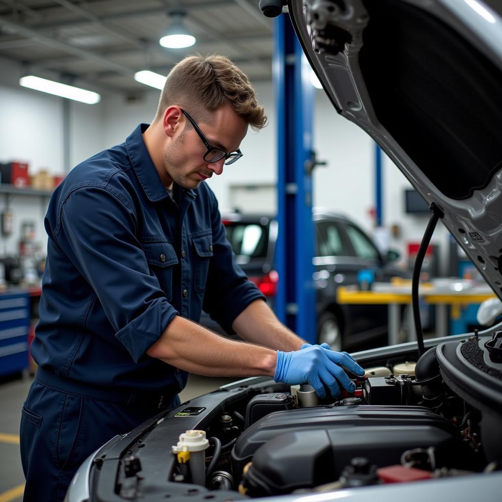 Mechanic Working on a Car in a Texas Auto Service Inc. Garage