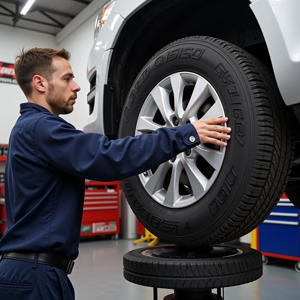 A technician using a tire balancing machine in an auto shop.