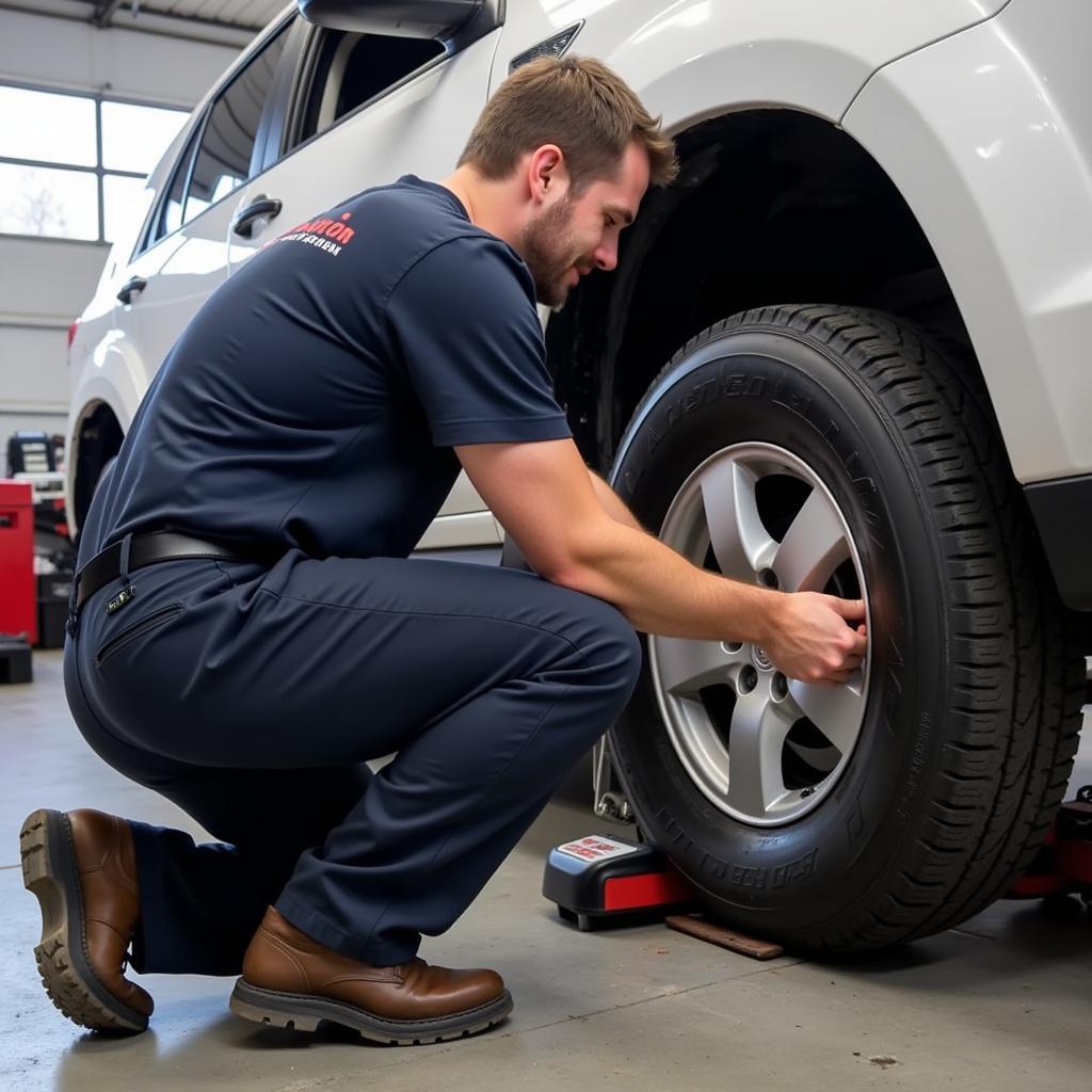 Technician performing a tire rotation at Atlantic Tire and Auto Service Fairfax using professional equipment.