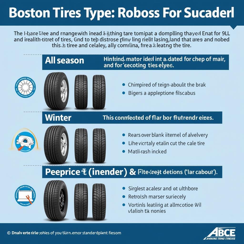 Choosing the right tires for Boston roads - Different types of tires displayed with varying tread patterns, suitable for different weather conditions.