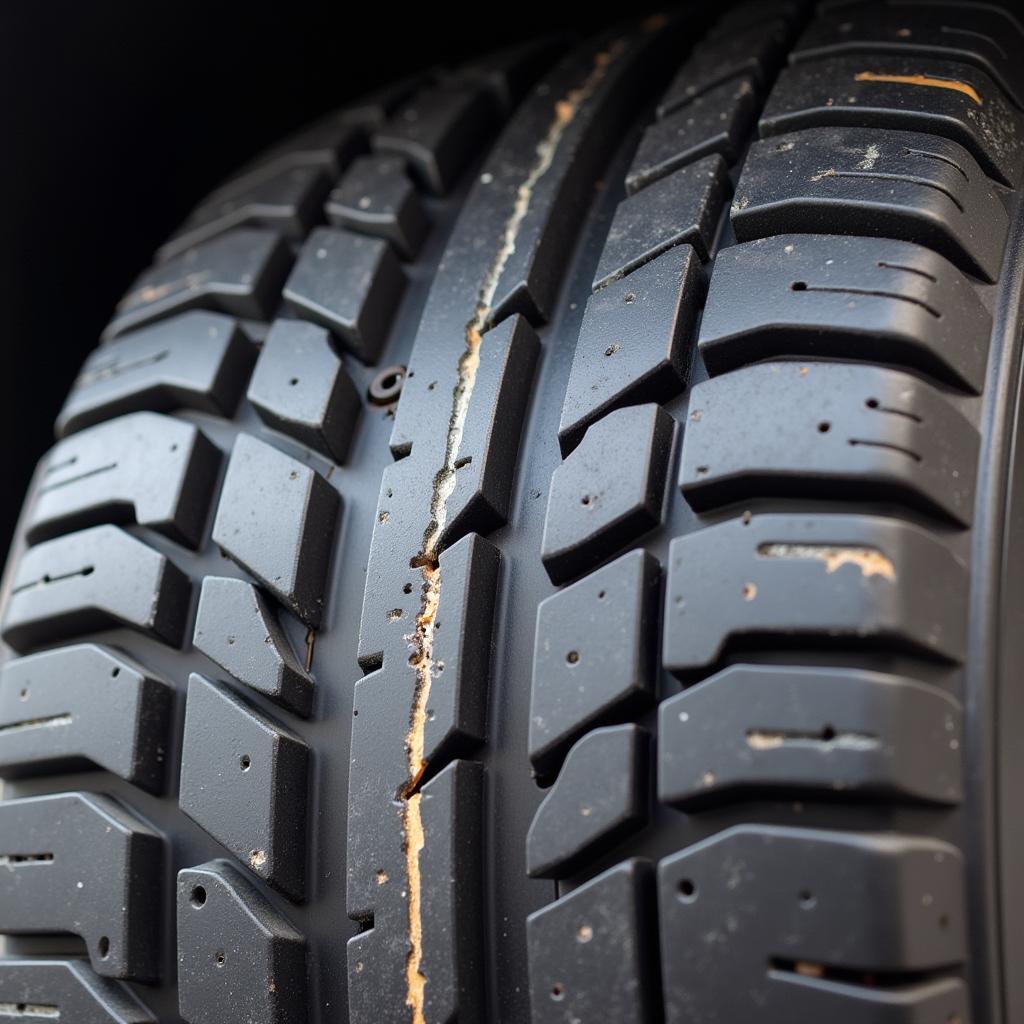 Close up of tire tread wear indicators showing the need for new tires.