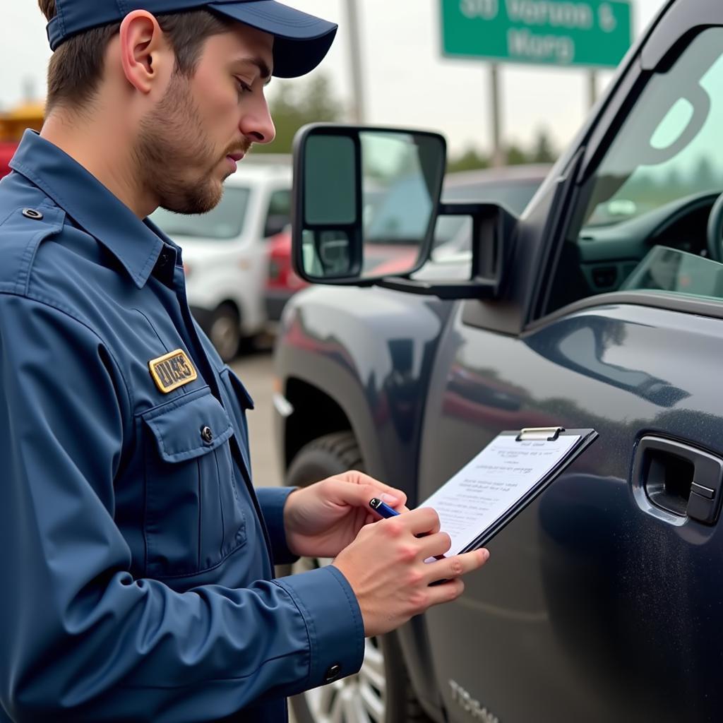 Tow Truck Operator Inspecting a Vehicle