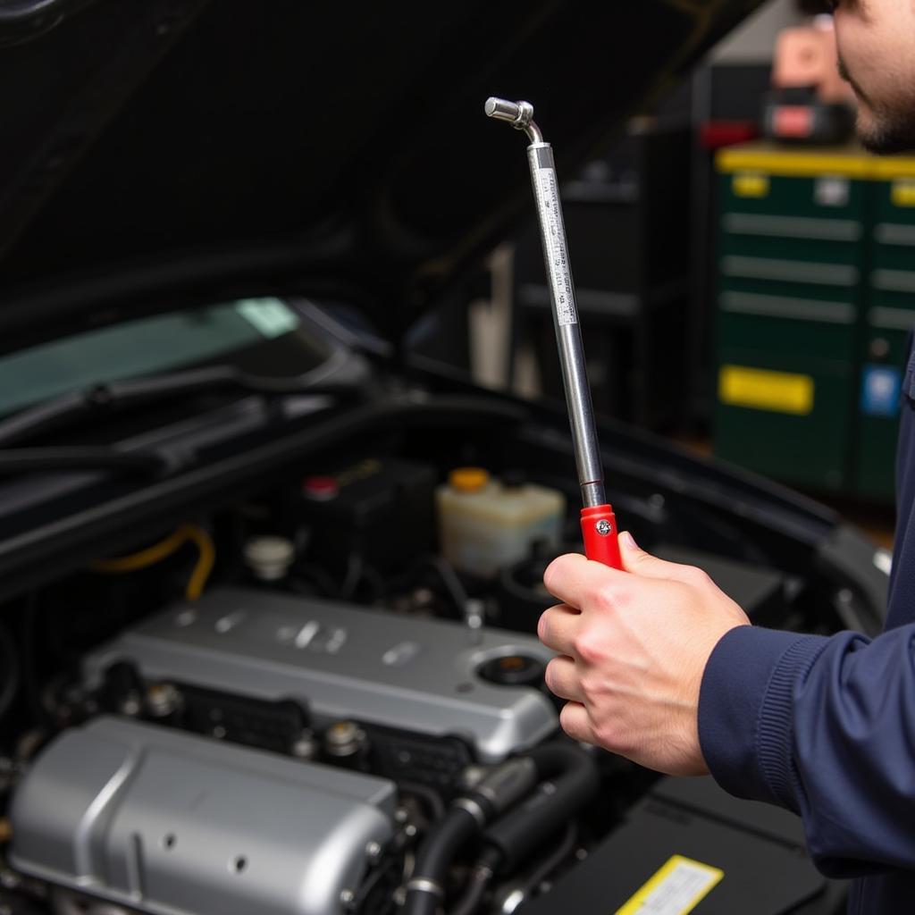 Transmission Maintenance:  A close-up of a mechanic's hand checking the transmission fluid dipstick.