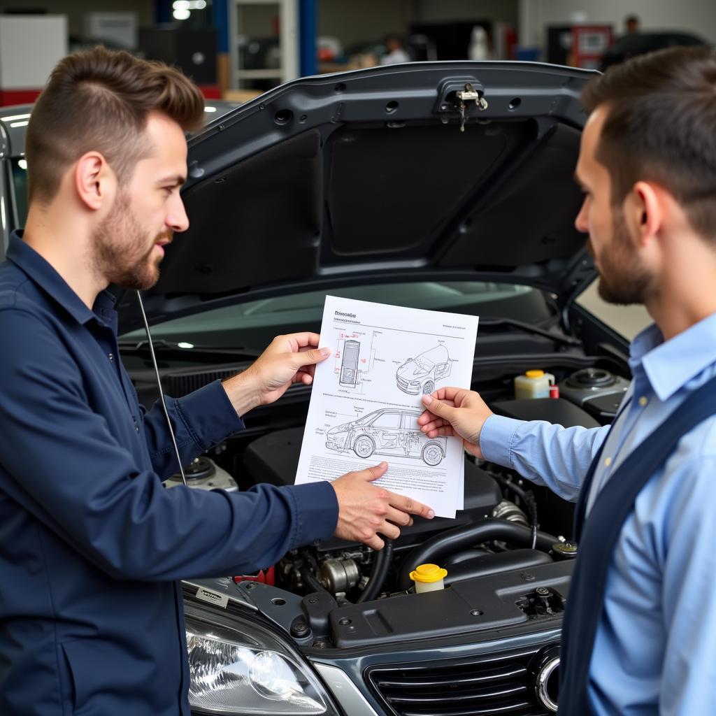 Mechanic explaining car repairs to customer