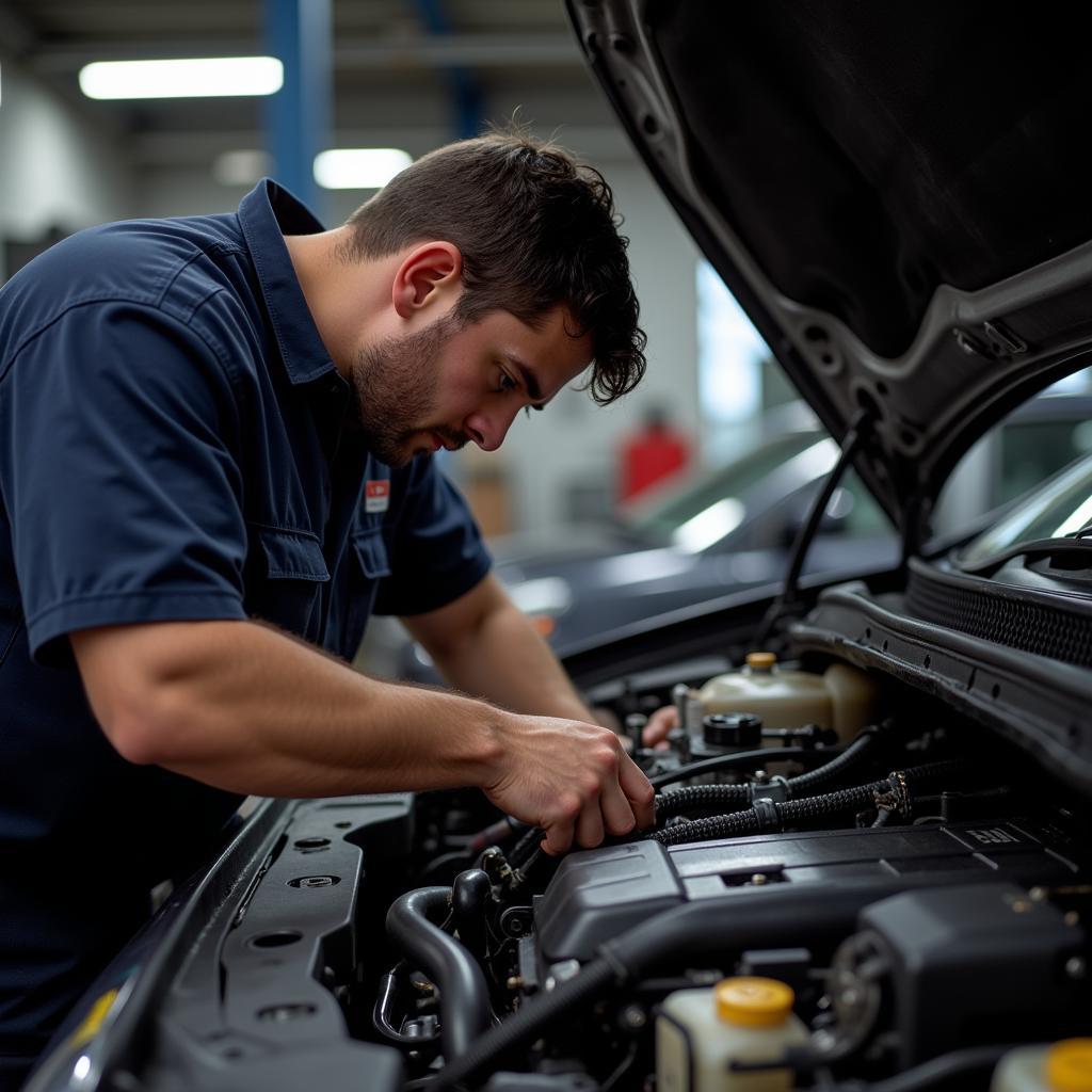 Mechanic Performing Routine Check on a Car in Tulsa