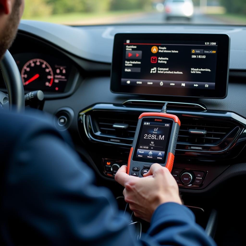 Technician using advanced diagnostic equipment on a car