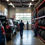 A busy auto service and tire shop in the USA with mechanics working on cars and customers browsing tires.