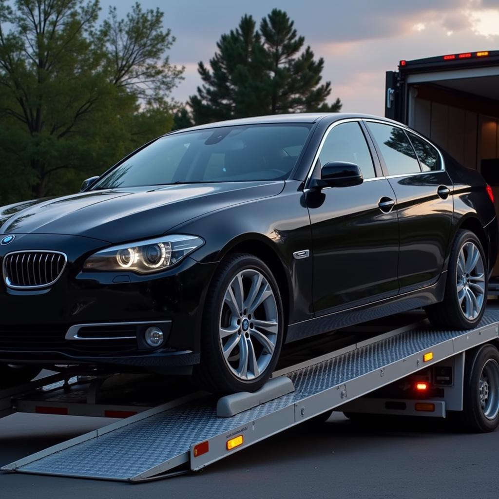 A car being carefully loaded onto a car transport truck