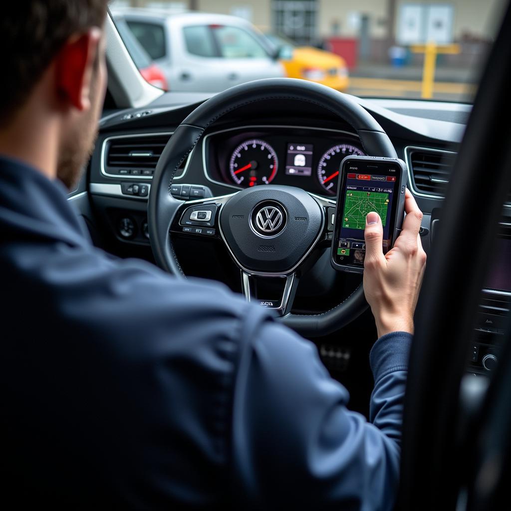 Technician Using a Diagnostic Computer on a Volkswagen