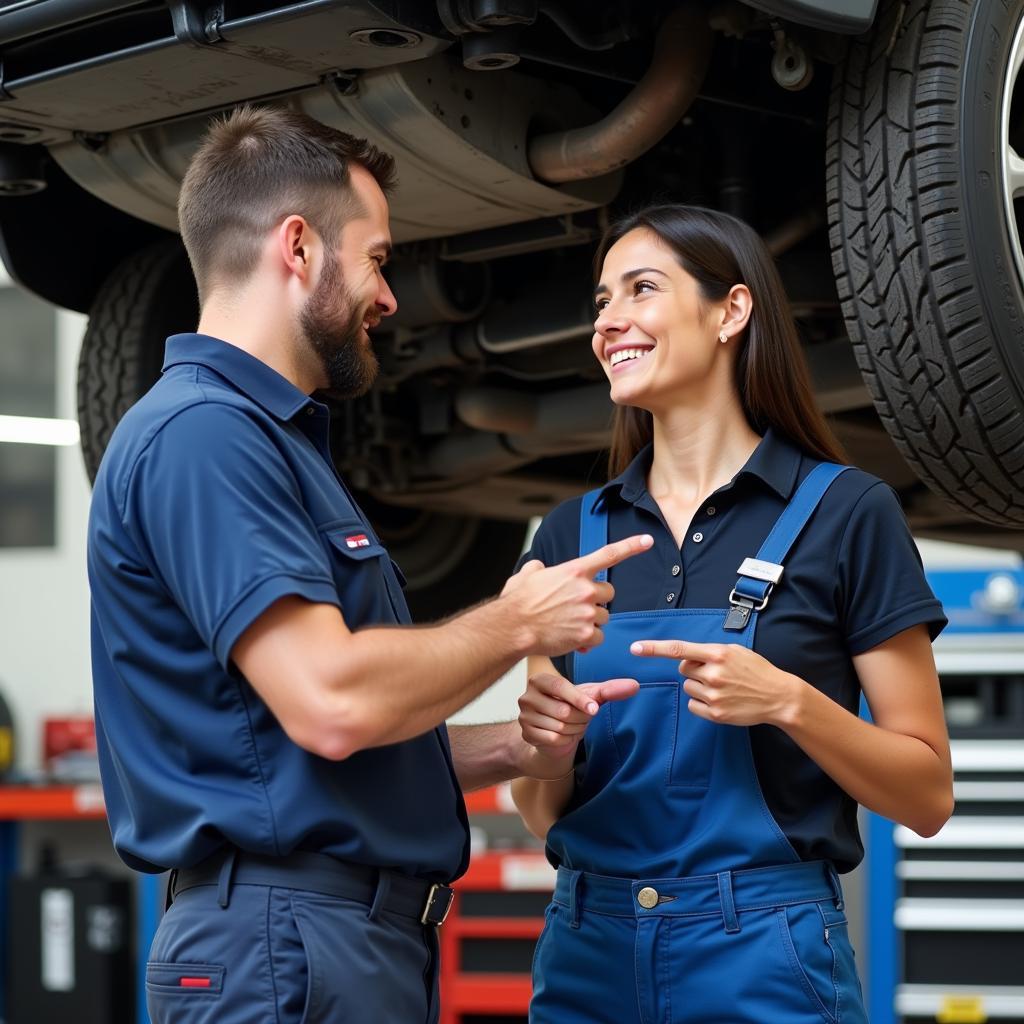 Customer talking to a mechanic at a Weber Road auto service