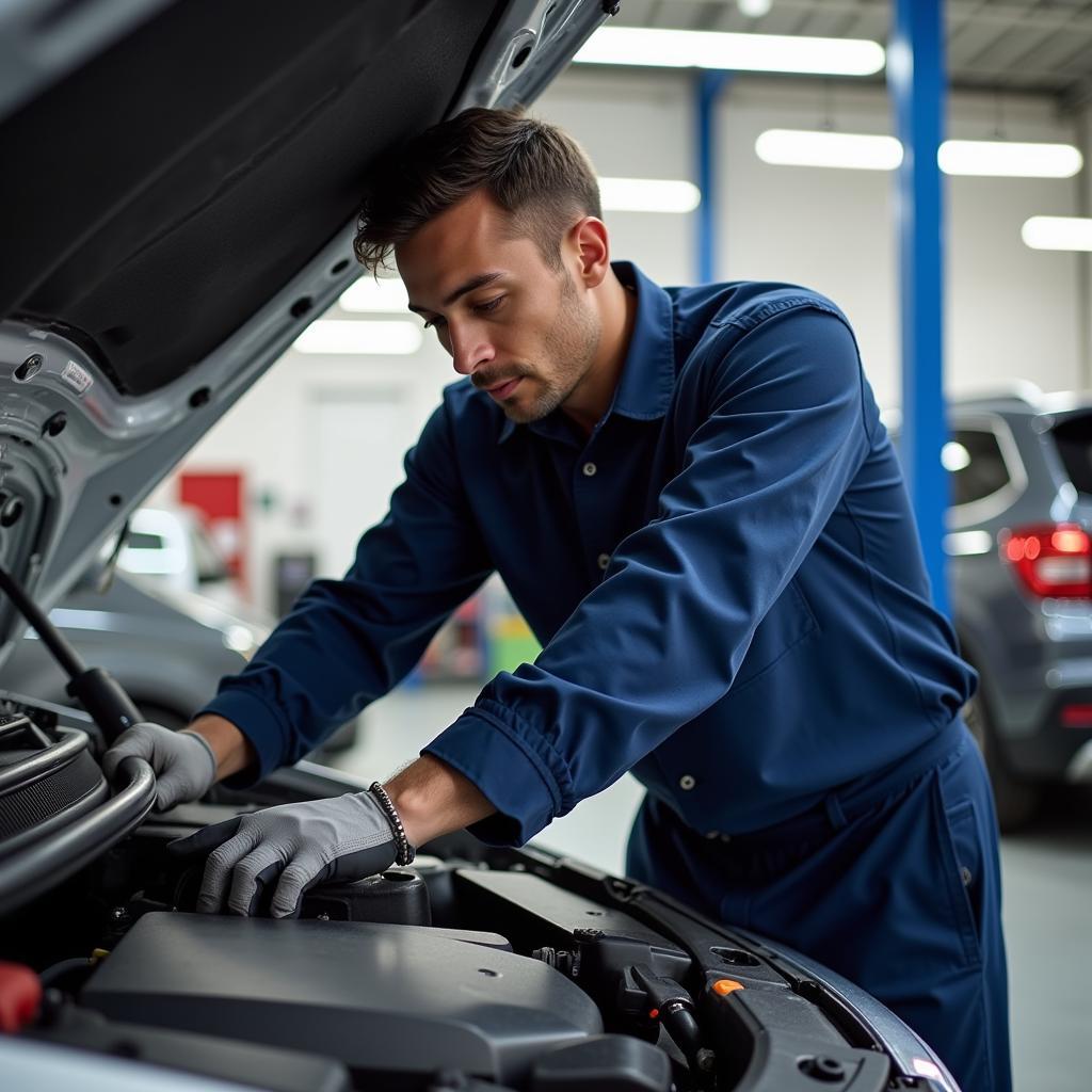 Mechanic working on a car in a West Omaha auto service shop