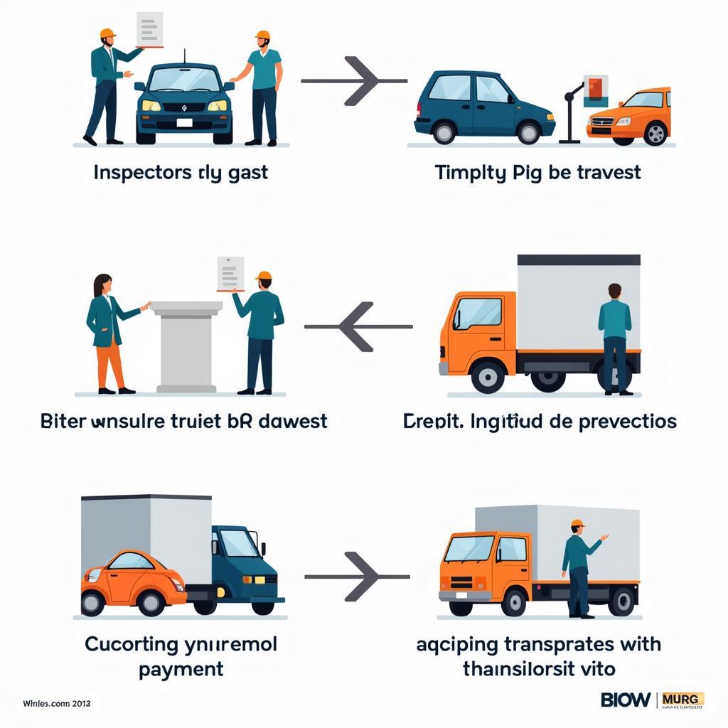 Wholesale Auto Auction Process: Depicting the steps involved in a typical wholesale auto auction, from vehicle inspection and bidding to payment and transportation.