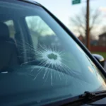 Close-up of a windshield with a chip and a crack in Westbrook