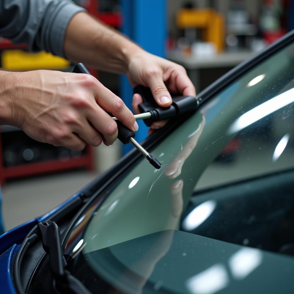 Close-up of a windshield chip being repaired by a technician in 16201