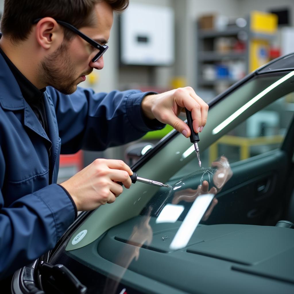 Close-up of a technician repairing a small chip in a car windshield using specialized resin and tools in a Chandler, AZ auto glass shop.