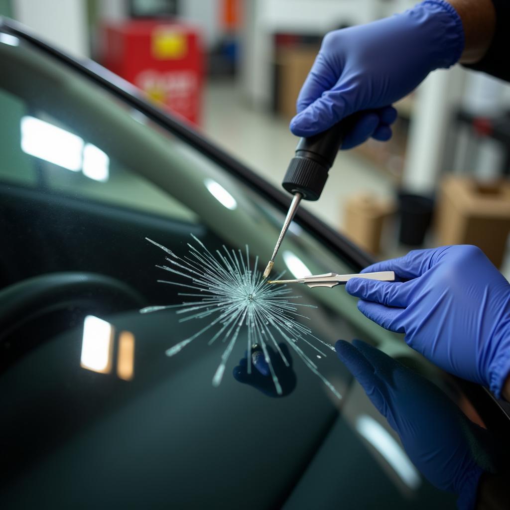 Close-up of a windshield crack being repaired in Altamonte Springs