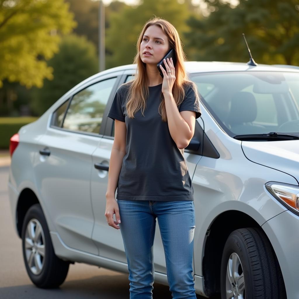 Woman calling roadside assistance