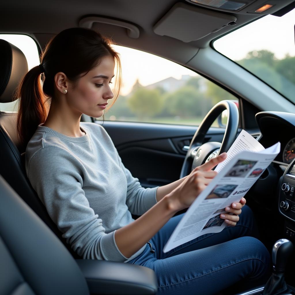 Woman Reading Auto Service Magazine: A woman sits in her car, reading an auto service magazine to learn more about car maintenance and repair.