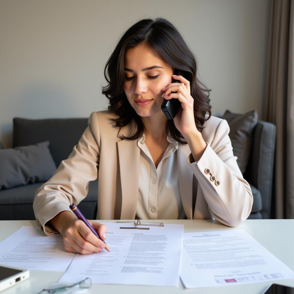 Woman Talking on Phone with Documents