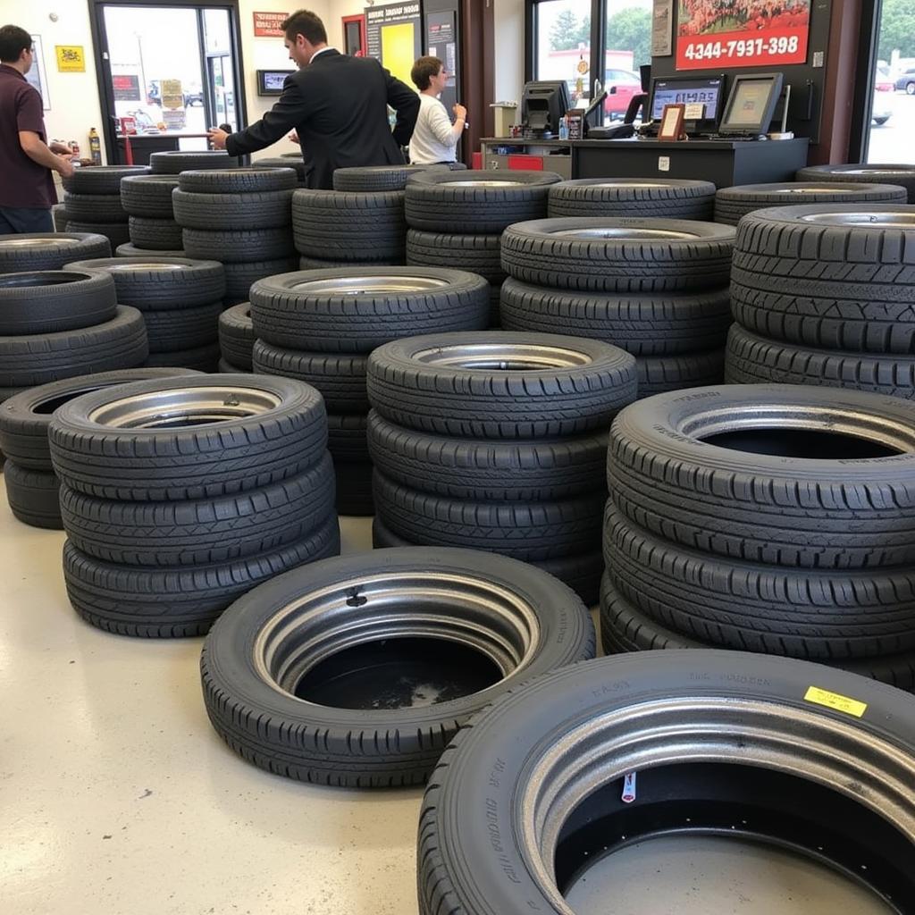 New and used tires displayed at an Xpress Tire and Auto Service center.