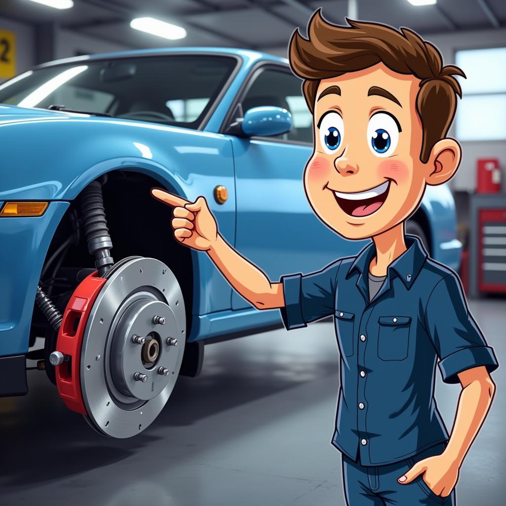 3D Cartoon Mechanic Explaining Brake System