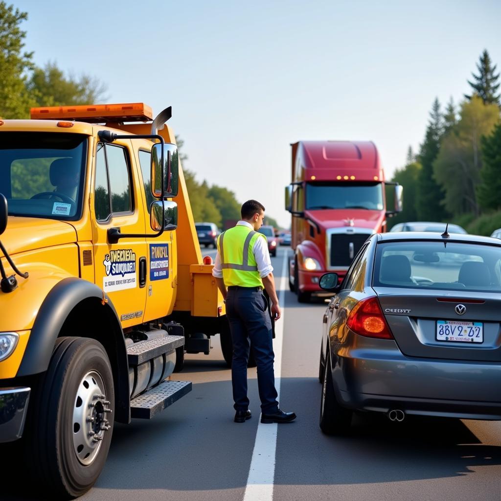 Tow truck arriving at the scene of a breakdown