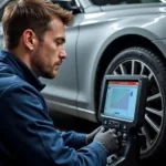 Certified auto technician performing a diagnostic check