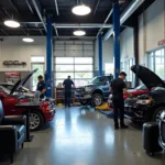 A bustling auto repair shop with mechanics working on various vehicles, diagnostic equipment visible, and customers waiting in a comfortable lounge area.