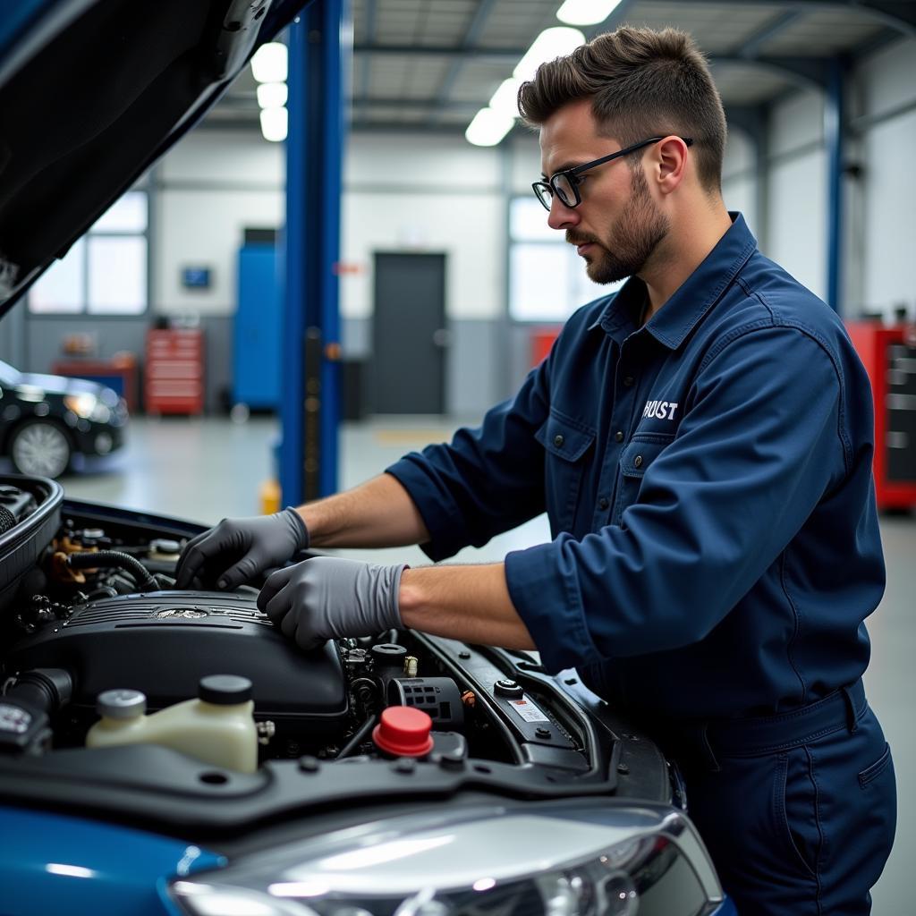 Mechanic working on a car engine in a modern service center