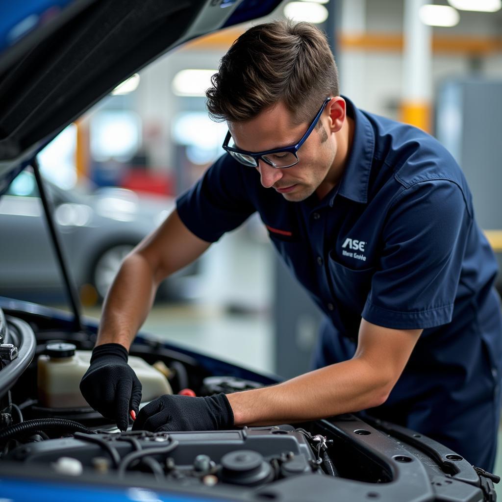 ASE Certified Technician Working on a Car