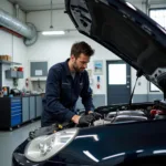 Mechanic working on a car in an affordable auto repair shop