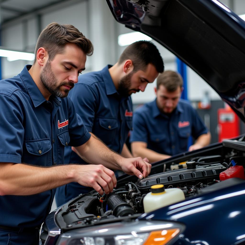 Expert mechanics working on a car engine at Alejandro Auto Service