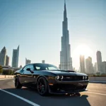 American Car Warranty Dubai: A sleek American car parked in front of the iconic Burj Khalifa, highlighting the importance of comprehensive warranty services in Dubai.