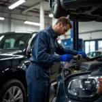 Technician Performing Oil Change at Arborway Auto Service Center