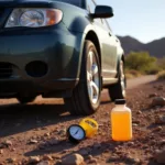 Car parked in Arizona desert with maintenance tools nearby