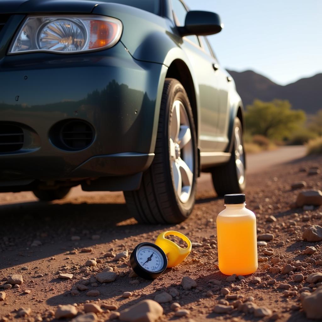 Car parked in Arizona desert with maintenance tools nearby