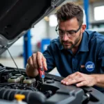 ASE Certified Technician Performing Car Maintenance