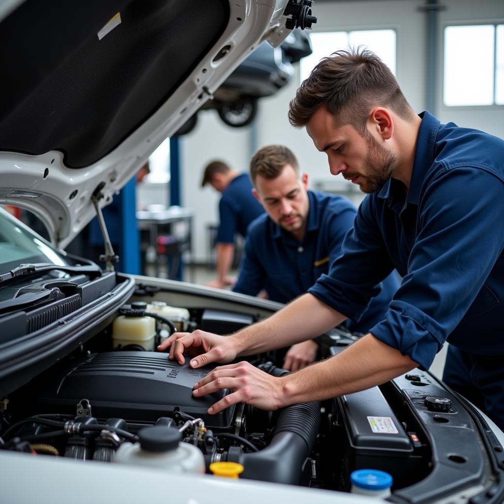 ASE Certified Technicians Working on a Car