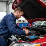 Mechanic working on a car at Ashi Auto Service in Manchester, NH