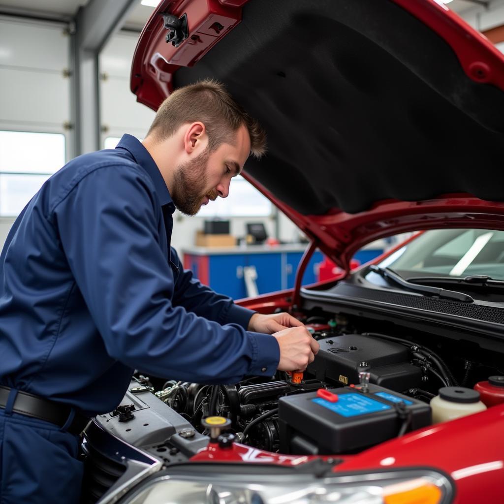 Mechanic working on a car at Ashi Auto Service in Manchester, NH