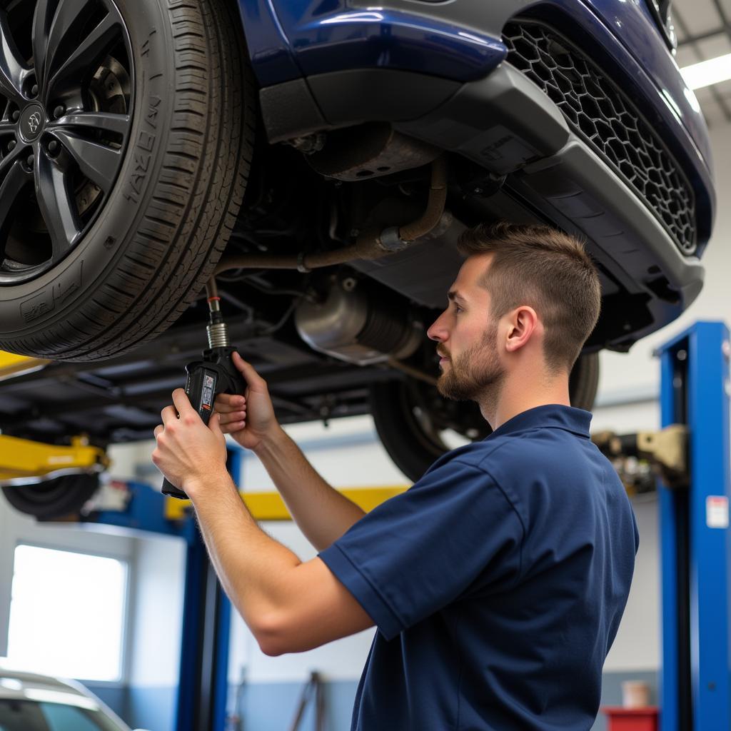 Technician servicing a car's AC system in Eugene, OR