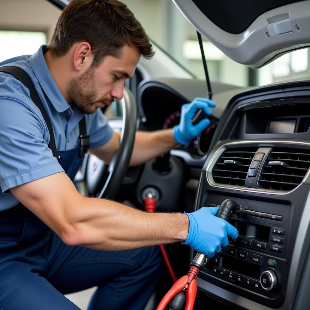 Auto AC Service Technician Working on a Car