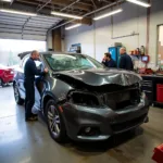 Auto Collision Repair in New Castle, DE: A car undergoing repairs in a body shop.