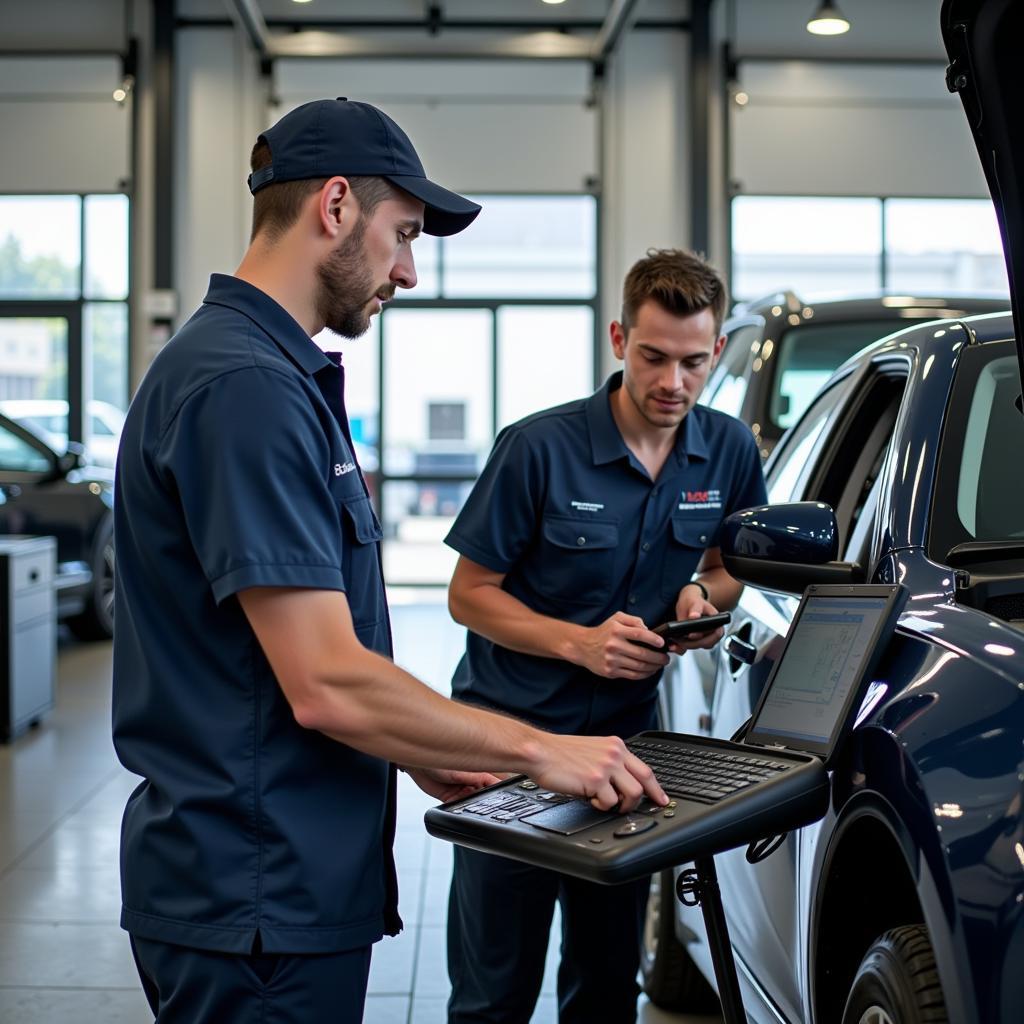 Certified Technicians Working on a Car in a Modern Service Center