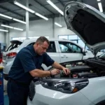 Mechanic working on a car in a well-equipped auto repair shop east of Benton, Illinois