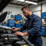 Auto Repair Shop in Randallstown, MD: A mechanic working on a car engine in a well-equipped auto repair shop in Randallstown, MD.