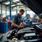 Mechanic working on a car engine in an auto service center in Alpharetta.