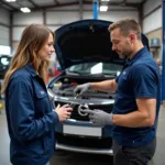 Mechanic explaining car repair to customer